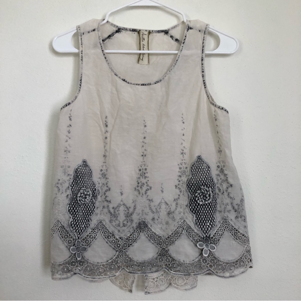 Anthropologie Aratta Silent Journey Embroidered Split Back Tank